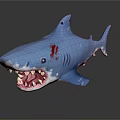 Detailed Blue Shark Figure With Open Mouth Sharp Teeth And Red Blood