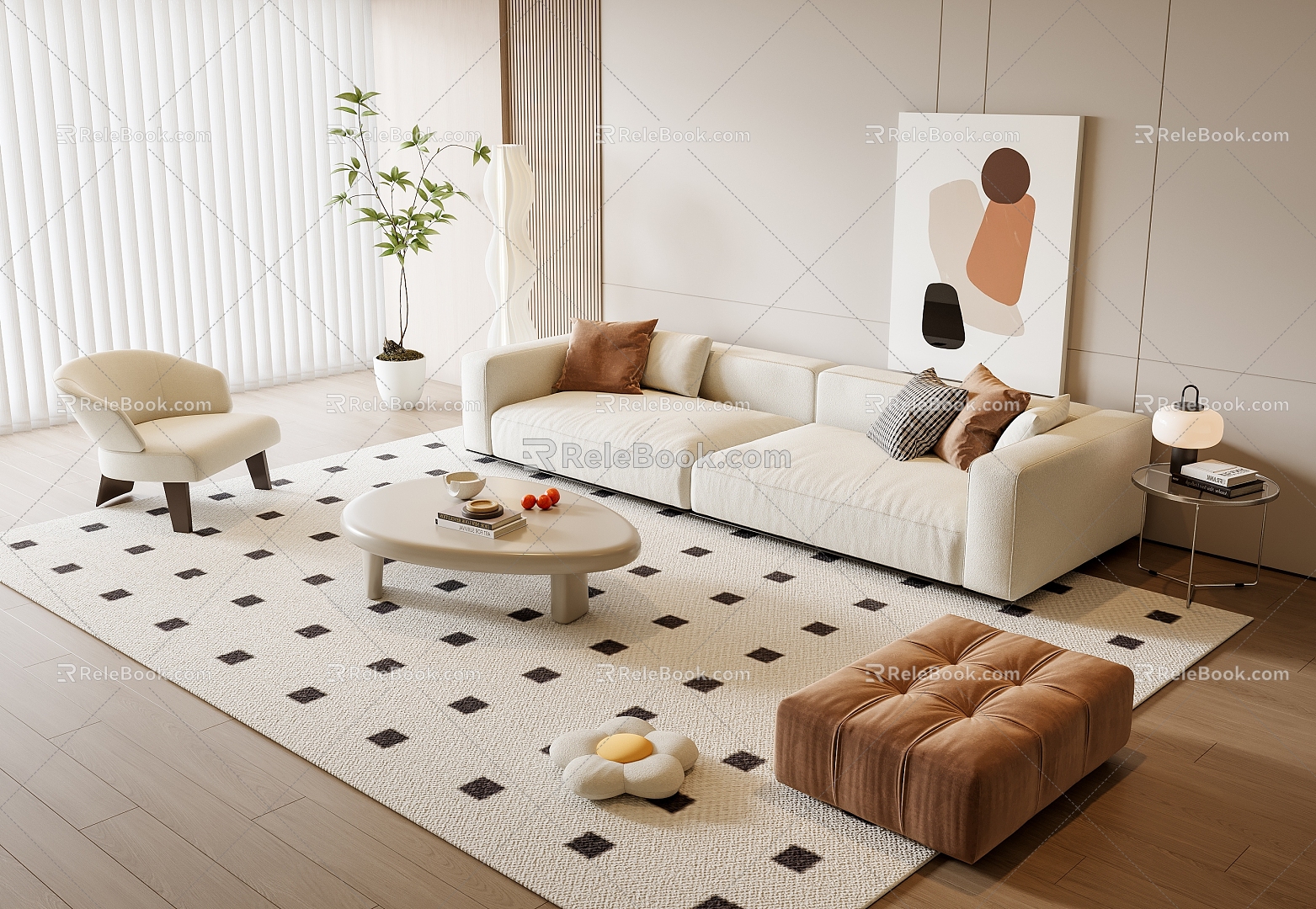 Cream style sofa coffee table combination leisure chair potted hanging picture floor lamp side table 3d model