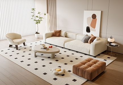 Cream style sofa coffee table combination leisure chair potted hanging picture floor lamp side table 3d model