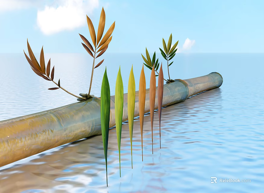 Plants on floating pipe with green yellow orange brown leaves under blue sky white clouds 3d model 