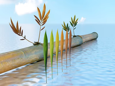 Plants on floating pipe with green yellow orange brown leaves under blue sky white clouds 3d model