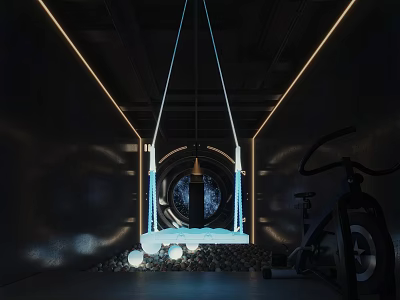 Modern Interior With Hanging Swing Exercise Bike Ambient Lighting And Stones 3d model