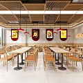 Modern Restaurant Interior With Wooden Ceiling Dining Tables Chairs And Menu Posters 3d model
