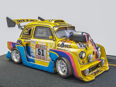 Yellow Racing Car With Advertisement Stickers Number 51 Rear Wing And Spare Tire 3d model