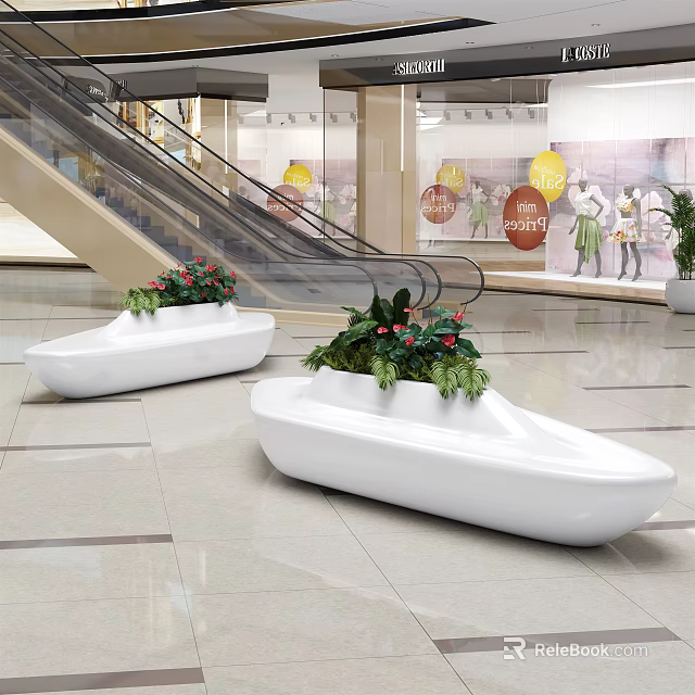 White Boat Shaped Public Chairs With Green Plants And Red Flowers In Shopping Mall 3d model 