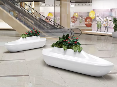 White Boat Shaped Public Chairs With Green Plants And Red Flowers In Shopping Mall 3d model