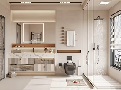 Modern Bathroom Interior With Marble Vanity Glass Shower And Toilet 3d model