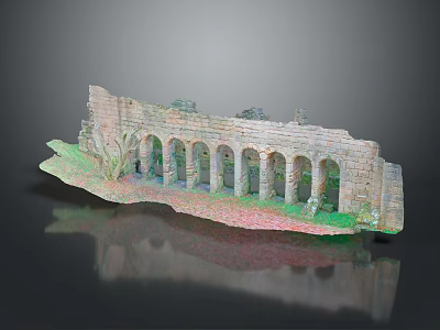Ancient Stone Wall Ruins with Multiple Arches Green Plants and Surface Reflection 3d model