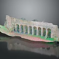 Ancient Stone Wall Ruins with Multiple Arches Green Plants and Surface Reflection