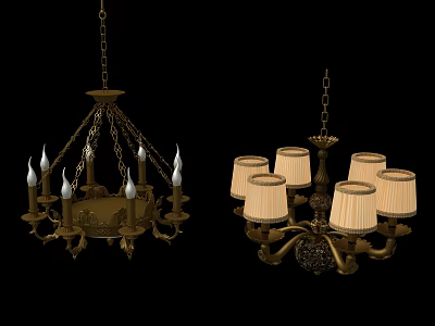 Ornate Vintage Metal Chandeliers With Candle Shaped Lights And Fabric Shades 3d model