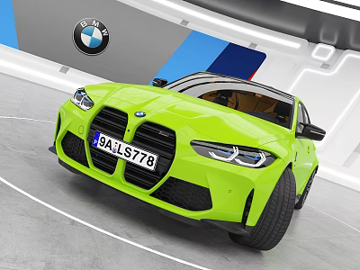 Green BMW Sports Car Front Display In Showroom With Blue White Red Stripes 3d model