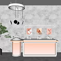 Modern Display Shelf With Transparent Acrylic Panels Cosmetics And Circular Pendant Lights