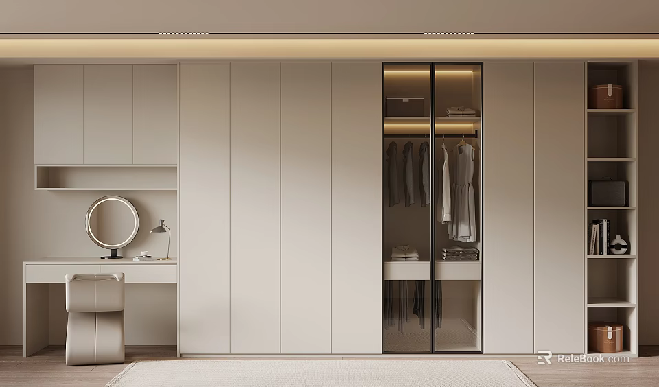 Modern Wardrobe With Glass Door Hanging Clothes And Lighting In Elegant Bedroom Interior 3d model 