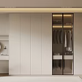 Modern Wardrobe With Glass Door Hanging Clothes And Lighting In Elegant Bedroom Interior