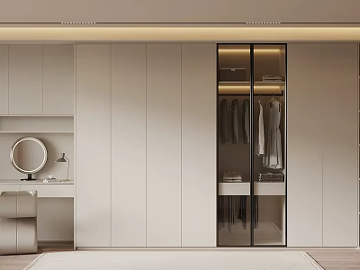 Modern Wardrobe With Glass Door Hanging Clothes And Lighting In Elegant Bedroom Interior 3d model