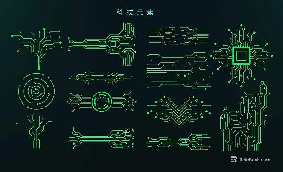 Modern Tech Inspired Wall Decor with Green Circuit Patterns and Digital Elements 3d model