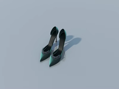 Fashionable Green High Heels With Shiny Decorations And Slim Heel On Light Blue Background 3d model