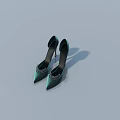 Fashionable Green High Heels With Shiny Decorations And Slim Heel On Light Blue Background