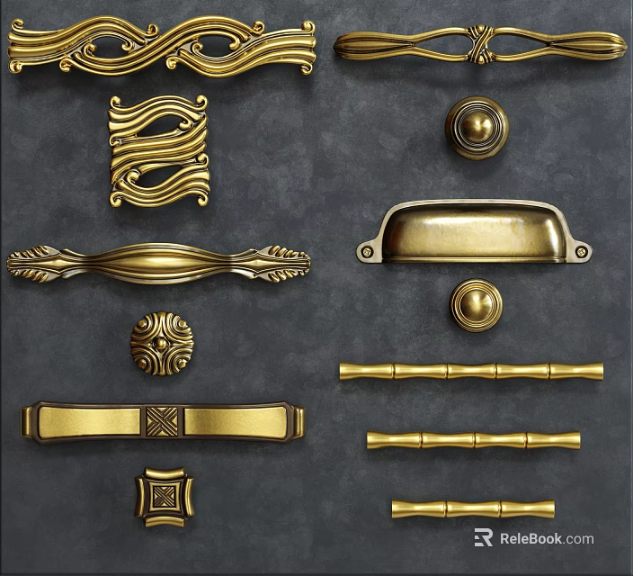 Vintage Gold Cabinet Handles With Various Decorative Designs For Furniture 3d model 