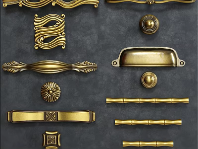 Vintage Gold Cabinet Handles With Various Decorative Designs For Furniture 3d model