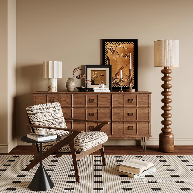 Elegant Accent Chair With Geometric Cushion Wooden Dresser Decorative Frames And Floor Lamp 3d model 