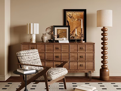 Elegant Accent Chair With Geometric Cushion Wooden Dresser Decorative Frames And Floor Lamp 3d model