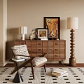 Elegant Accent Chair With Geometric Cushion Wooden Dresser Decorative Frames And Floor Lamp