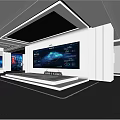 Modern Exhibition Hall With Large Screen Displaying Digital Data And Model On Platform 3d model