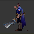 Heroic Warrior With Purple Hair Blue Cape Holding Lightning Sword And Mythical Beast