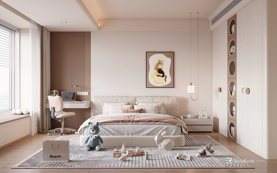 Cozy Kids Room Interior With Bed Stuffed Toy Desk Toys Rug And Decorative Painting 3d model 