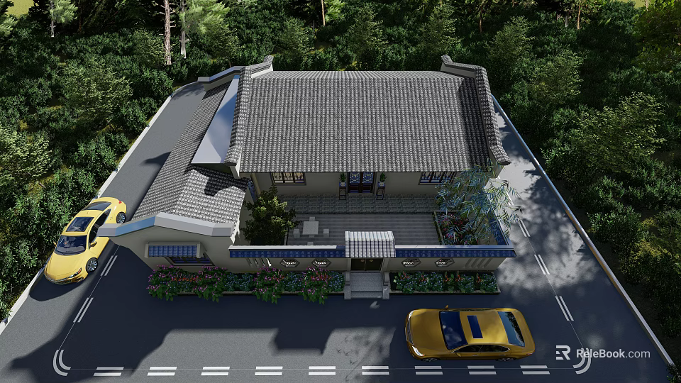 Chinese Style Residential House Exterior With Gray Tile Roof And Yellow Cars Near Green Trees 3d model 