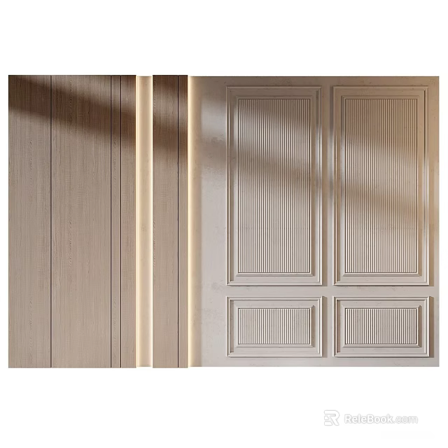 Light Color Background Wall With Wooden Texture Vertical Stripes Rectangular Panel Design Natural Minimalist Style 3d model 