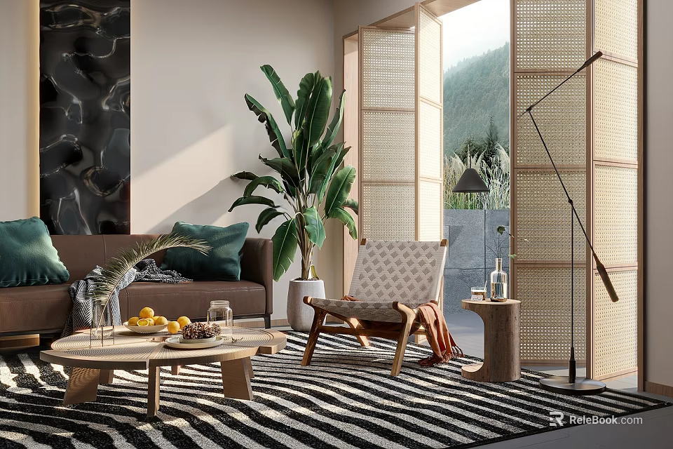 Modern Sofa and Coffee Table Set With Green Plant Rattan Screen and Mountain View 3d model 