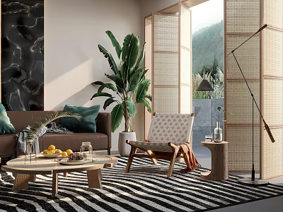 Modern Sofa and Coffee Table Set With Green Plant Rattan Screen and Mountain View 3d model