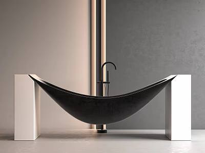 Modern Black Hammock Shaped Bathtub With White Supporting Pillars And Faucet 3d model