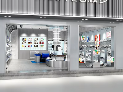 Bright Retail Store In Shopping Mall With Glass Windows Display Racks Glasses And Counter 3d model