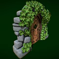Lush Clover Covered Wooden Door With Stone Frame In Natural Setting