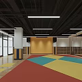 Spacious Fitness Studio With Wooden Floors Yellow Walls Black Ceilings White Columns And Storage Cabinets
