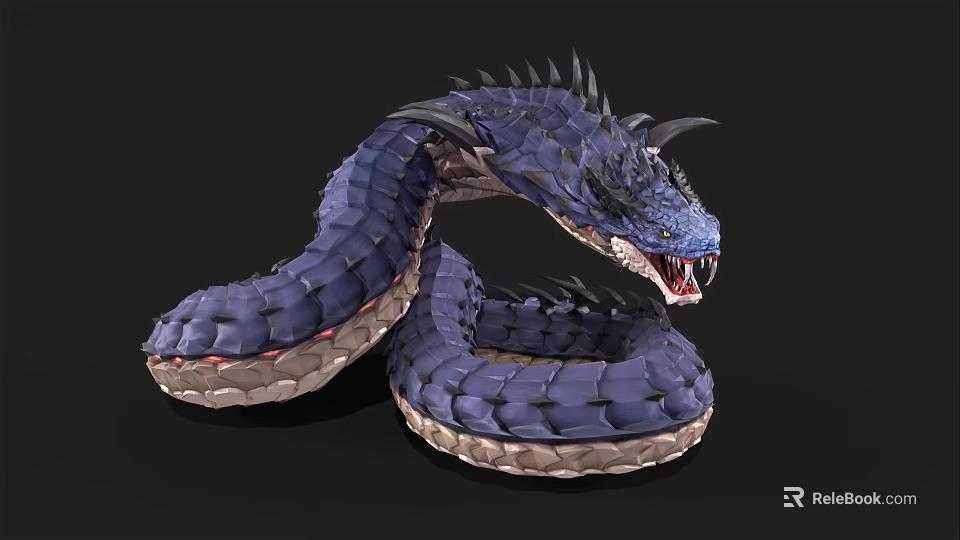 3D Rendered Blue Scaled Serpent With Horns Spikes And Open Mouth Fantasy Mythical Creature Design 3d model 