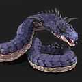 3D Rendered Blue Scaled Serpent With Horns Spikes And Open Mouth Fantasy Mythical Creature Design