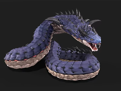 3D Rendered Blue Scaled Serpent With Horns Spikes And Open Mouth Fantasy Mythical Creature Design 3d model