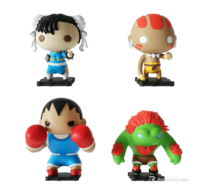 Cartoon Character Dolls with Blue Outfit Red Boxing Gloves Green Skin and Brown Body Designs 3d model 
