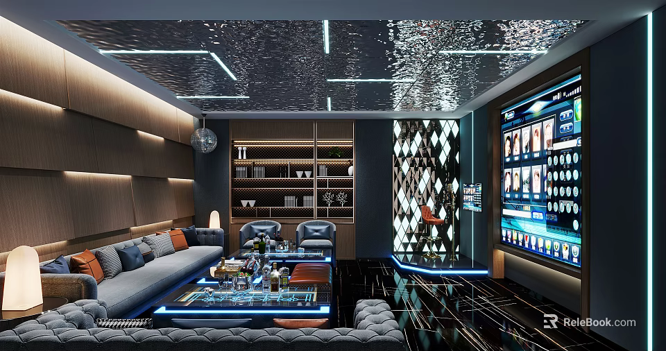 Modern Luxurious KTV Lounge Interior Design With Sofa Coffee Table LED Lighting And Wine Cabinet 3d model 