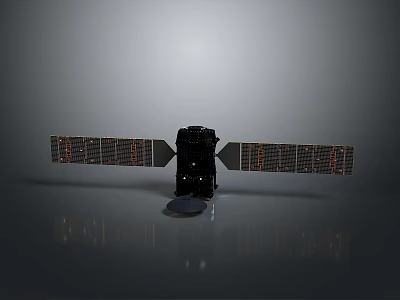 Satellite 3D Model Equipment with Black Body and Solar Panels on Gray Background 3d model