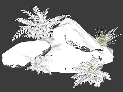 Lush Green Shrubs Surrounding Snow Covered Rocks With Ferns In Winter Landscape 3d model