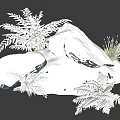 Lush Green Shrubs Surrounding Snow Covered Rocks With Ferns In Winter Landscape