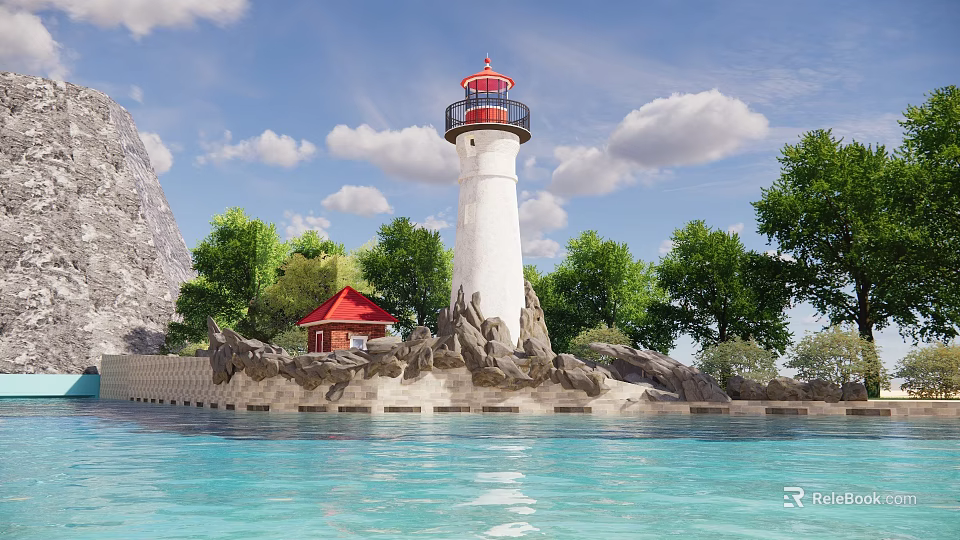 White Lighthouse Tower With Red Top Surrounded by Trees Red Cottage Water and Mountains 3d model 