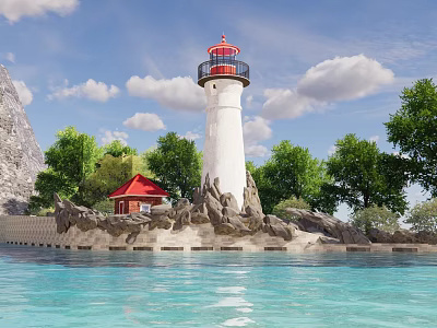 White Lighthouse Tower With Red Top Surrounded by Trees Red Cottage Water and Mountains 3d model