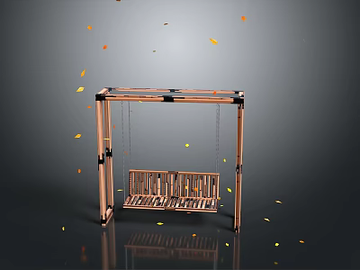 Natural Wooden Outdoor Swing Playground Equipment with Sturdy Frame and Falling Leaves 3d model