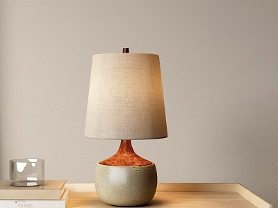 Beige Fabric Shade Table Lamp With Orange Neck Grayish Green Ceramic Base On Wooden Tray 3d model